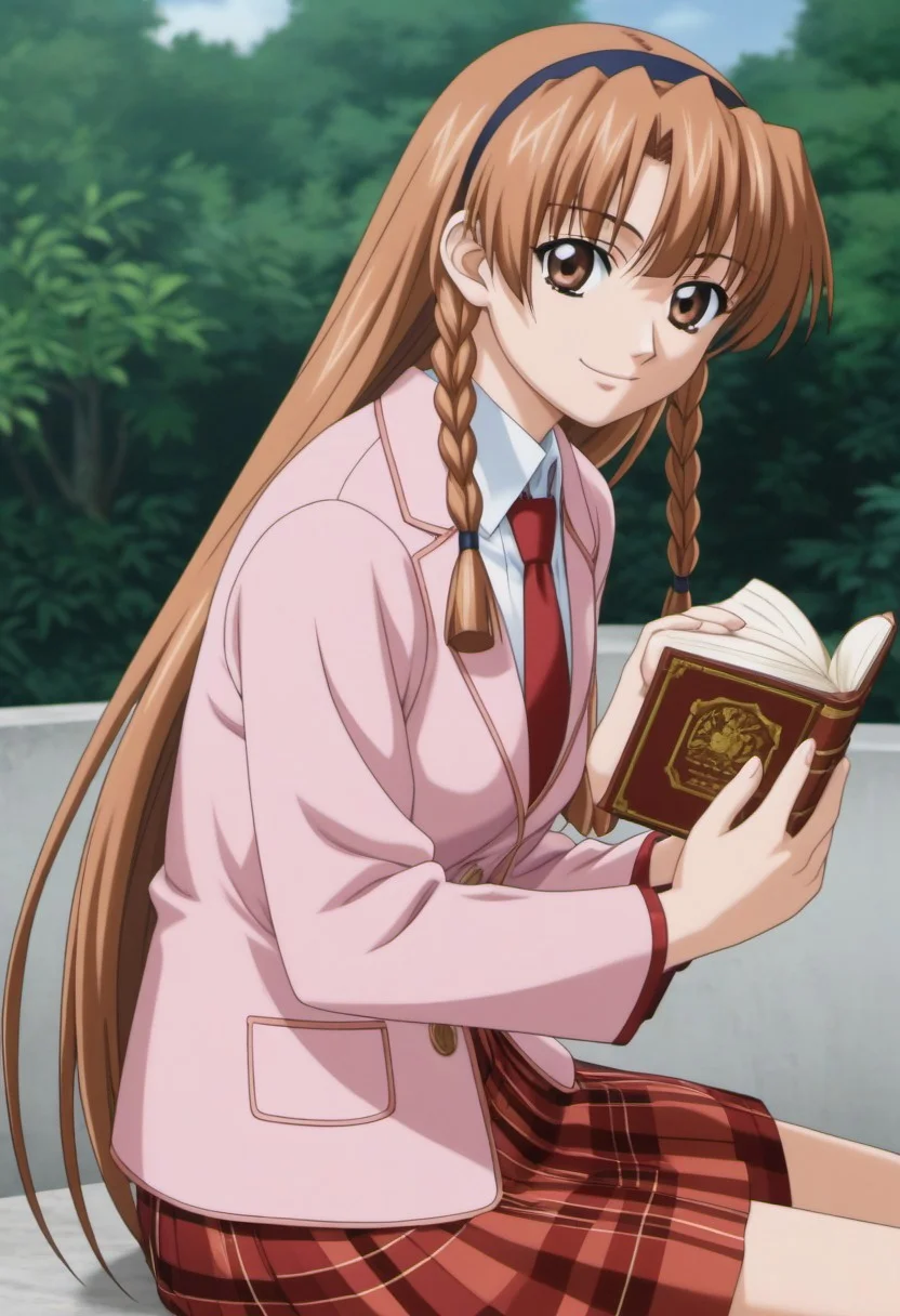 1girl,solo,masterpiece,best quality,good quality,newest,
outdoors,
smile,closed mouth, looking at viewer,
solo,
2000s (style),anime screencap,
karyuin_tomoe (kaen seibo: the virgin on megiddo),1girl,brown hair,hairband,braids sidelocks,long hair,brown eyes,very long hair,
long hair,brown eyes,
collared_shirt,red string tie,pink jacket,long_sleeves,
plaid_skirt,red skirt,from side,sitting,holding book,looking at viewer,leaning forward,