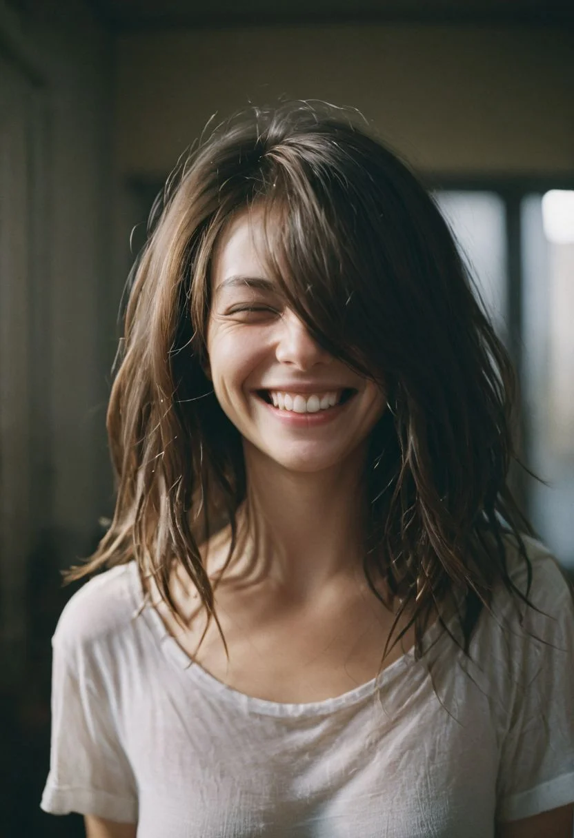 closeup portrait, Surreal, amazing quality, masterpiece, best quality, awesome, inspiring, a light smiling amused woman with hair over her eyes, hair completely covers her face. cinematic composition, soft shadows,
atmospheric haze, Film grain, cinematic film still, shallow depth of field, highly detailed, high budget, cinemascope, moody, epic, OverallDetail, 2000s vintage RAW photo, photorealistic, candid camera, color graded cinematic, atmospheric lighting, imperfections, natural, shallow dof