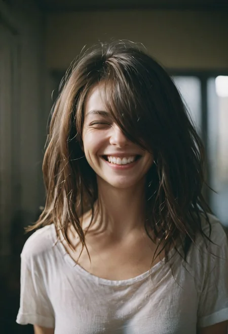closeup portrait, Surreal, amazing quality, masterpiece, best quality, awesome, inspiring, a light smiling amused woman with hair over her eyes, hair completely covers her face. cinematic composition, soft shadows, 
atmospheric haze, Film grain, cinematic film still, shallow depth of field, highly detailed, high budget, cinemascope, moody, epic, OverallDetail, 2000s vintage RAW photo, photorealistic, candid camera, color graded cinematic, atmospheric lighting, imperfections, natural, shallow dof