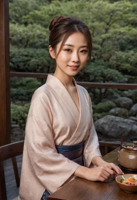 From frontal below :1.3,(dark background:1.3),(sitting behind wood table:1.631),(restaurant at ryokan:1.2),(Japanese tea cups and ((sukiyaki ))on table:1.63),((sukiyaki :1.5)),(beautiful real texture :1),smile face:1,(royal),10k,(real skin texture:1),high resolution,(one 32 years old elegant Japanese woman wearing in jyuban and colored long kimono:1.2), (looking at garden :1.4),exquisite face:1,(163cm tall:1),(fine wrinkle :1.),(detailed innocent girls face:1.), NegfeetV2,(dazzling expression:1.54),(small single chignon:1), (only (one side )breast out:1.654)