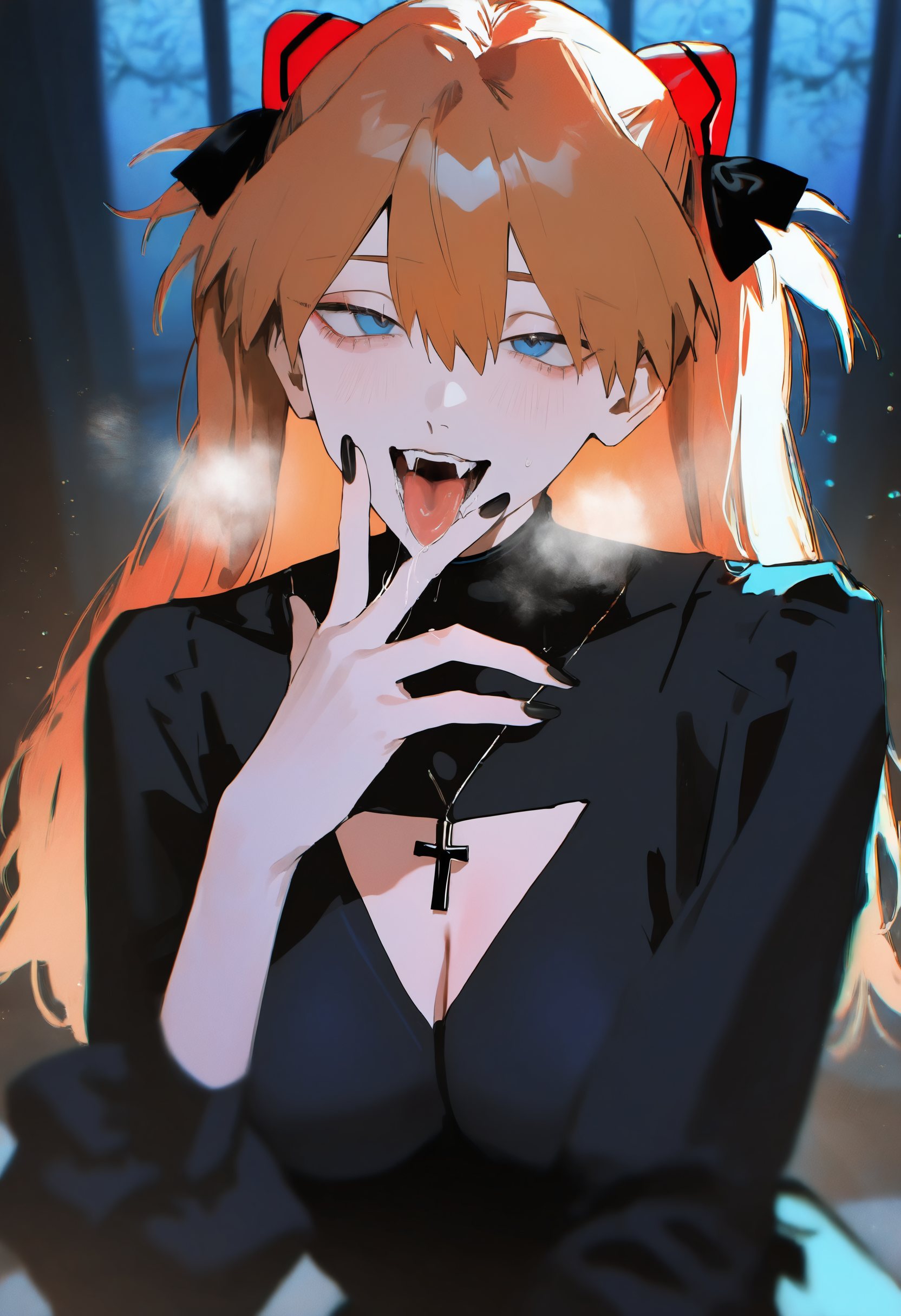 masterpiece, best quality, newest, absurdres, highres, very awa, anime screencap, film grain, painting \(medium\), ambient occlusion, depth of field, low lighting, rim light, ethereal glow, ethereal particles, dappled light, intricate background, bXVrd, souryuu asuka langley, 1girl, solo, tongue, cross, cross necklace, blue eyes, tongue out, blue background, necklace, looking at viewer, orange hair, dress, jewelry, v, drooling, heavy breathing, long hair, two side up, simple background, upper body, black nails, black dress, long sleeves, teeth, breasts, hair between eyes, open mouth, shrug \(clothing\), straight-on, hand up, fangs, hair ornament, two-tone dress, nail polish, cleavage cutout, ribbon, cleavage, hair ribbon, hair bow, eyebrows hidden by hair