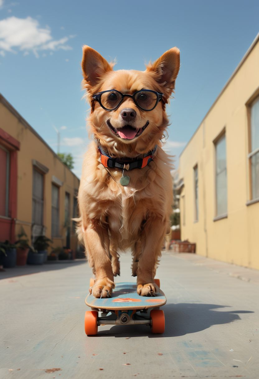 A dog riding a skateboard