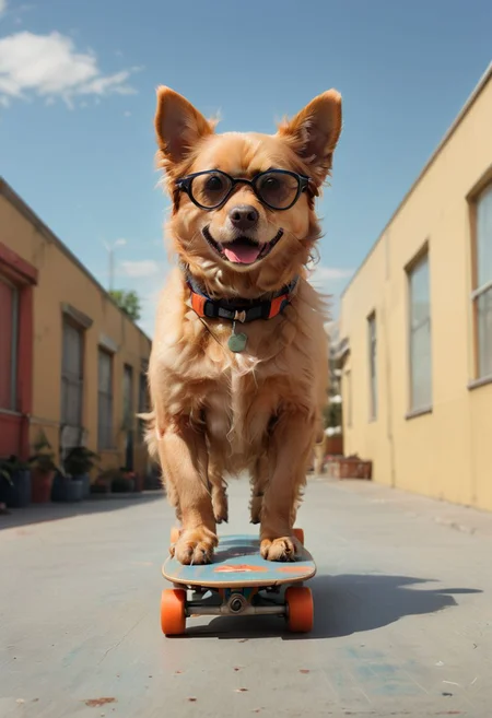 A dog riding a skateboard