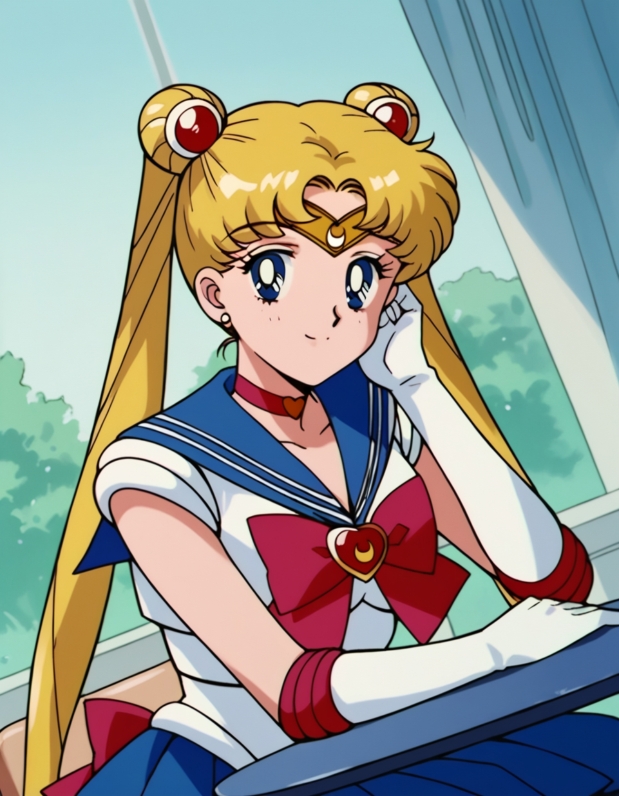 score_9, score_8_up, score_7_up, source_anime, <lora:usagi-tsukino-s3-ponyxl-lora-nochekaiser:1>, usagi tsukino, blonde hair, blue eyes, double bun, hair bun, hair ornament, long hair, twintails, circlet, parted bangs,, back bow, blue sailor collar, blue skirt, bow, brooch, choker, crescent moon, elbow gloves, gloves, jewelry, magical girl, pleated skirt, red bow, red choker, ribbon, sailor collar, sailor senshi uniform, skirt, white gloves,, indoors, smile, looking at viewer, solo, sitting, head rest, table,, cowboy shot, dutch angle
