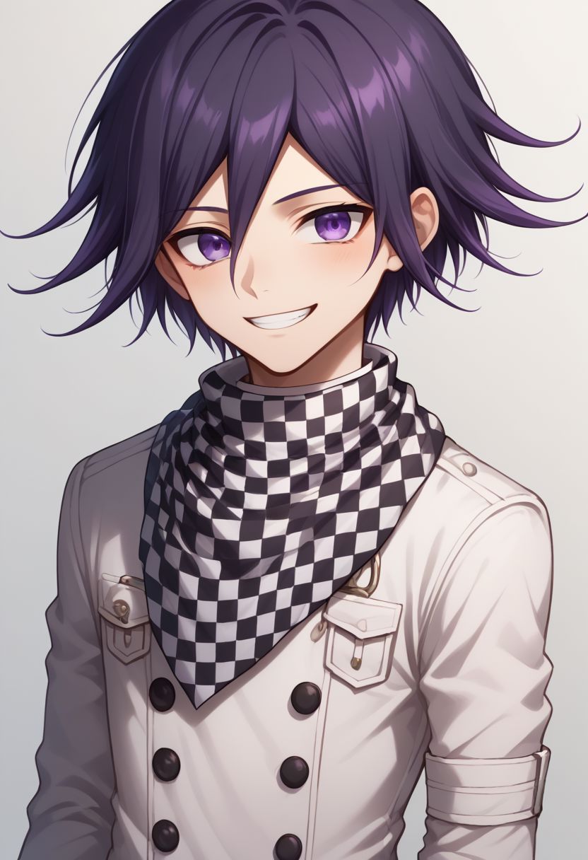 score_9, score_8_up, source_anime, highly detailed, 1boy, solo, skinny, cute, short,
kokichi, male focus, 1boy, solo, big smile, checkered clothes, checkered scarf, grin, scarf, purple eyes, bangs, straitjacket, purple hair, upper body, 
indoor,