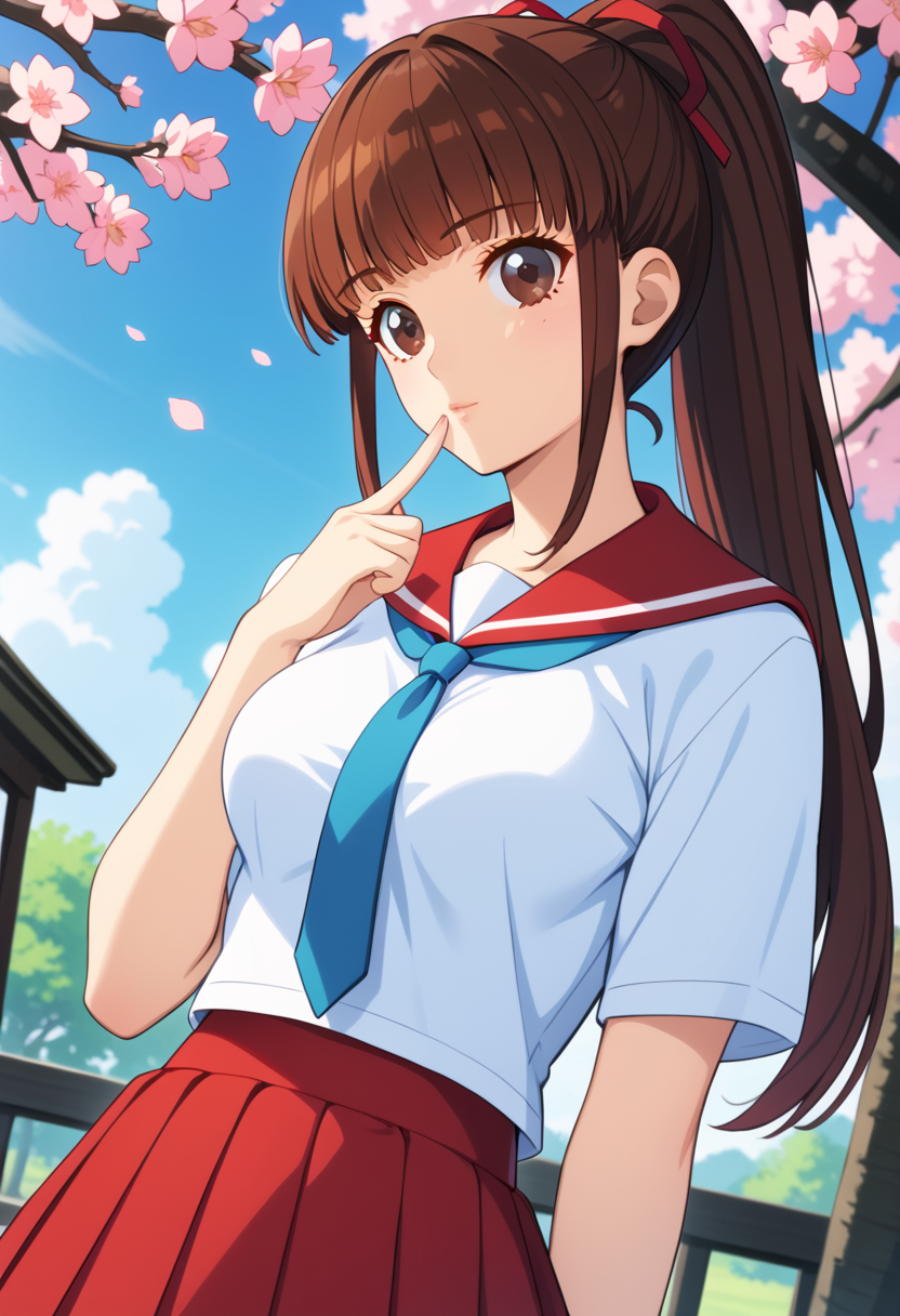 score_9, score_8_up, score_7_up, BREAK <lora:Misa:1> ,miska, 1girl, brown hair, long hair, brown eyes, red hair ribbon,ponytail, blunt bangs,medium breasts,finger to mouth,white shirt,short sleeves,red skirt,red sailor collar,blue necktie,short necktie,dutch angle,cherry blossom,outdoors