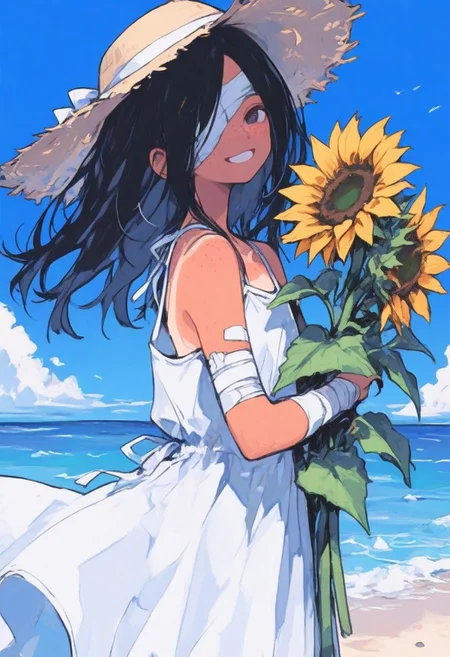 1 girl , ((bandage over one eye , amputated arm)) , bandage arm , smiling tan skin , freckles , sundress , sunhat , holding sunflower , blue sky , coast , ocean , looking at viewer , black hair , long floating hair ,
masterpiece, best quality ,amazing quality ,S4bit4mago_illu , xxx667_illu ,Protoneon , ma1ma1helmes_b_illu,