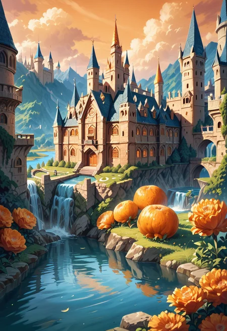 score_9, score_8_up, score_7_up, orange peel, masterpiece, 4k, highly detailed, absolutely eye-catching, castle, fantasy, river, made of orange peel, day time