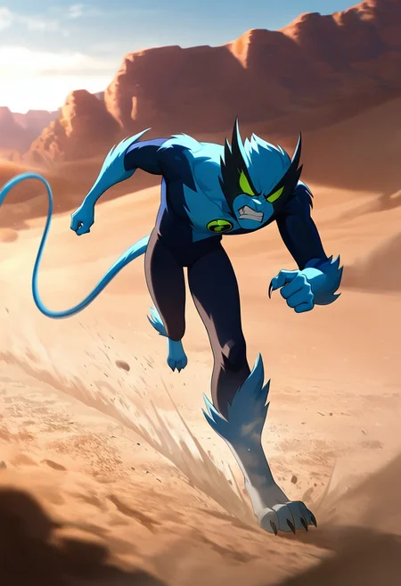 masterpiece, best quality, amazing quality, very aesthetic, absurdres, newest,, detailed background, 
fastrack, solo, blue skin, green eyes,  claws, green badge, fang,, feline tail,  wide jaw, masculine, blue chest, digitigrade legs,
in desert, running, movie scene, dust trails, cinematic, foreground blur, angry, teeth, clenched teeth, leaning forward run, naurto run
