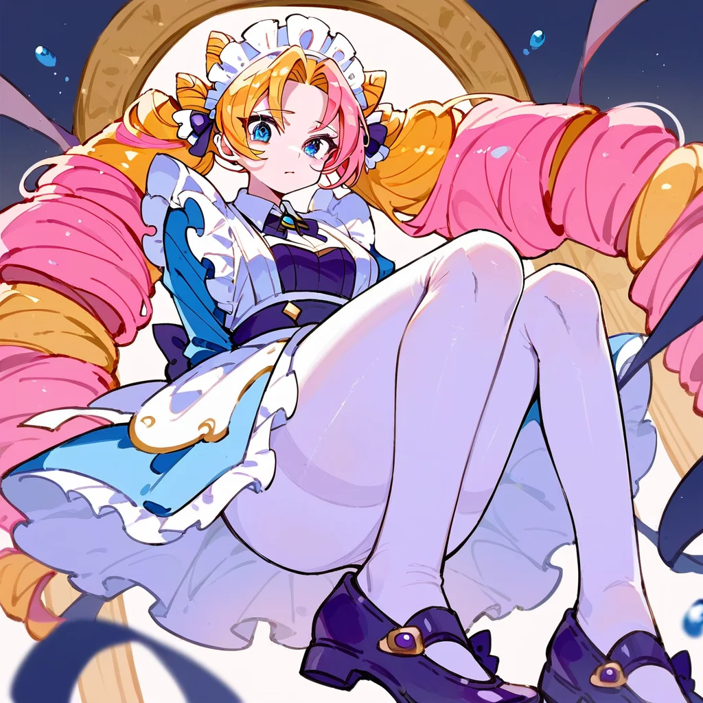 score_9, score_8_up, score_7_up, score_6_up, score_5_up, score_4_up,
1girl, blue eyes, multicolored hair, blonde hair, pink hair, twin drills, maid headdress, purple shoes, white pantyhose,
<lora:gwen_cafe_cuties_pony_v1:1>