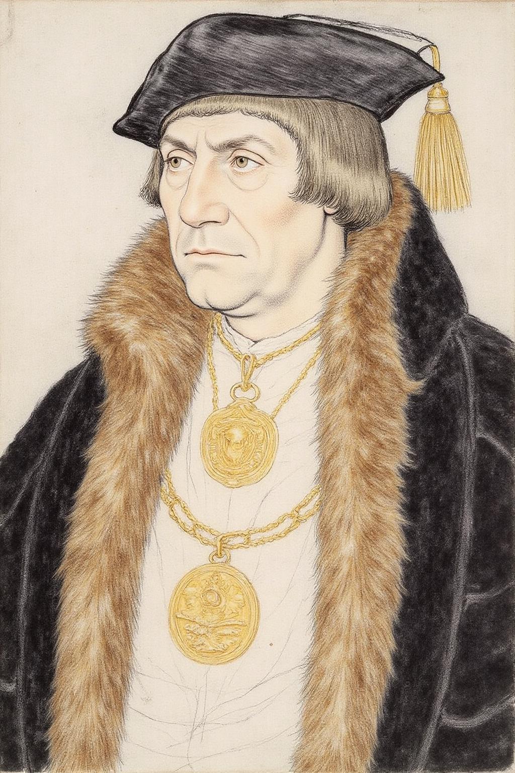 hansho1 monochromatic pencil drawing,
A man in his mid-30s, is dressed in opulent, luxurious garments typical of the 16th-century nobility. He wears a dark, richly detailed velvet robe with a fur-trimmed hood, a fur-lined cape, and a black, wide-brimmed hat adorned with a tassel. His attire includes a gold chain with a large pendant hanging prominently around his neck, featuring a gold medallion with intricate details, symbolizing his high status. The man's expression is serious and contemplative, with a slightly furrowed brow and a focused gaze. <lora:hansho2_nocap_d6a3e12:1.0><lora:817308650096921875:0>