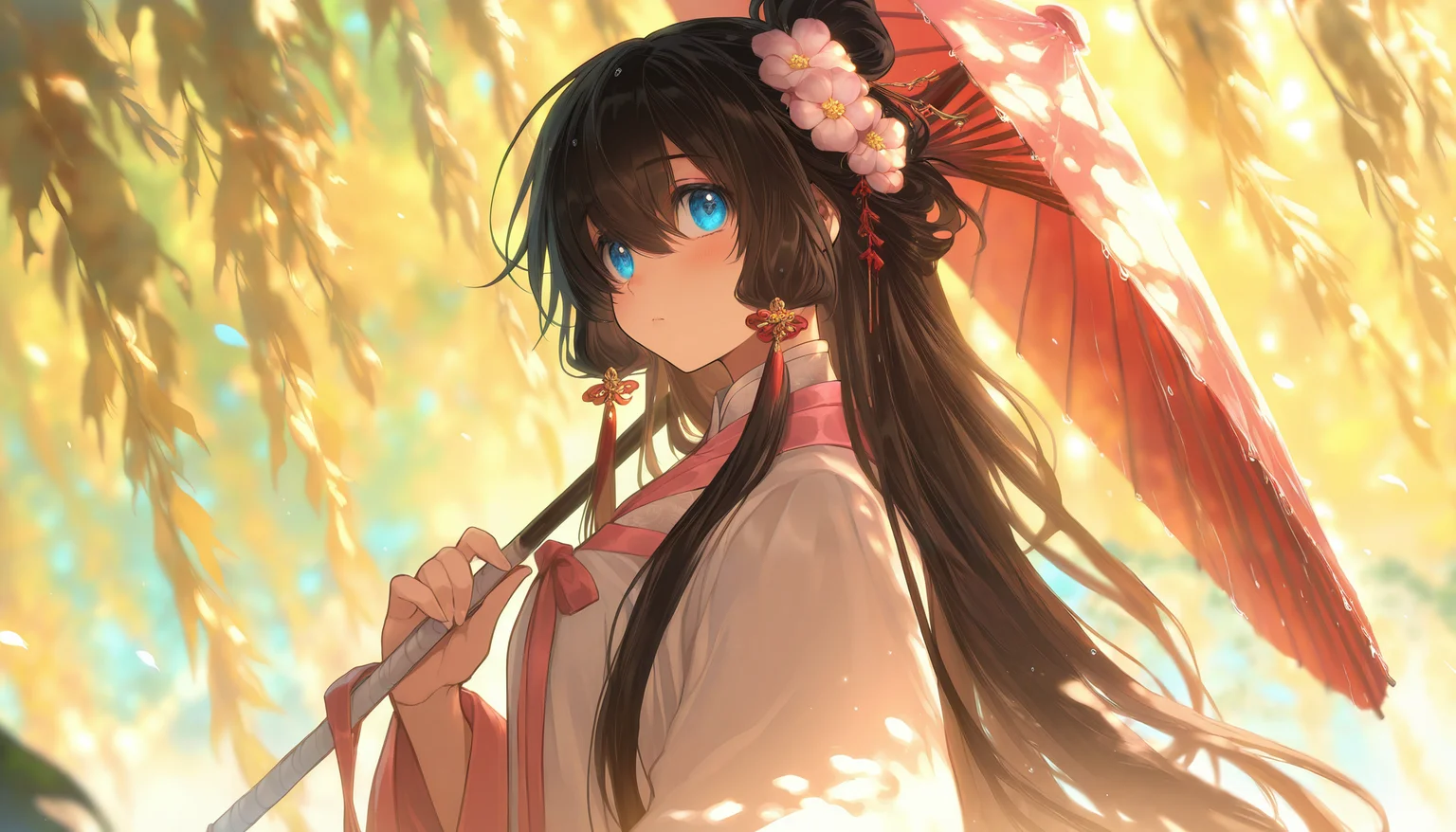 REMEMX,takatsuki ichi,
masterpiece,best quality,amazing quality,very aesthetic,newest,
1girl,long hair,blue eyes,solo,hair ornament,holding umbrella,holding,looking at viewer,outdoors,hair bun,black hair,wide sleeves,long sleeves,chinese clothes,hair flower,from side,blush,upper body,looking to the side,closed mouth,hanfu,hair between eyes,dress,