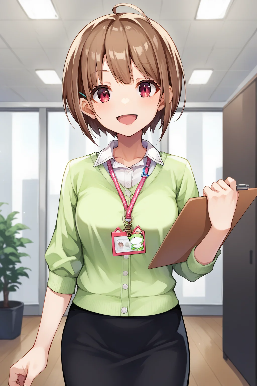 score_9, score_8_up, score_7_up, source_anime, nodokahaurusaki, <lora:harusaki_nodoka_XL:0.9>, 1girl, solo, brown hair, short hair, ahoge, hairclip, red eyes, medium breasts, office lady, cardigan, green cardigan, white shirt, collared shirt, long sleeves, black skirt, pencil skirt, black pantyhose, lanyard, id card, indoors, office, looking at viewer, smile, open mouth, holding, holding clipboard, clipboard, cowboy shot
