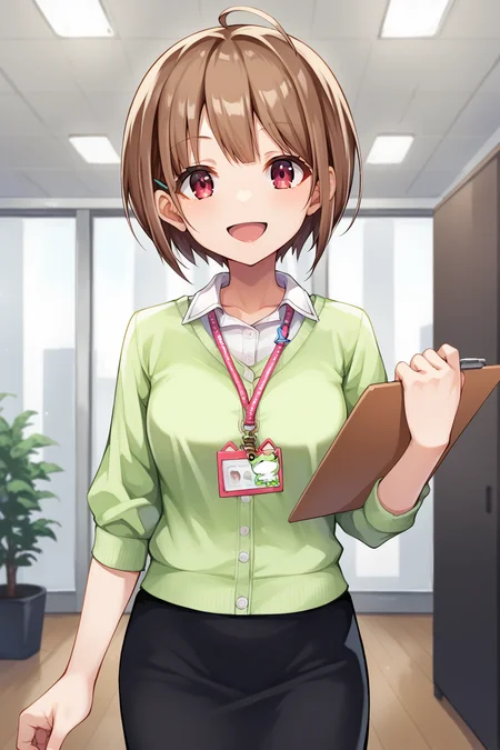 score_9, score_8_up, score_7_up, source_anime, nodokahaurusaki, <lora:harusaki_nodoka_XL:0.9>, 1girl, solo, brown hair, short hair, ahoge, hairclip, red eyes, medium breasts, office lady, cardigan, green cardigan, white shirt, collared shirt, long sleeves, black skirt, pencil skirt, black pantyhose, lanyard, id card, indoors, office, looking at viewer, smile, open mouth, holding, holding clipboard, clipboard, cowboy shot