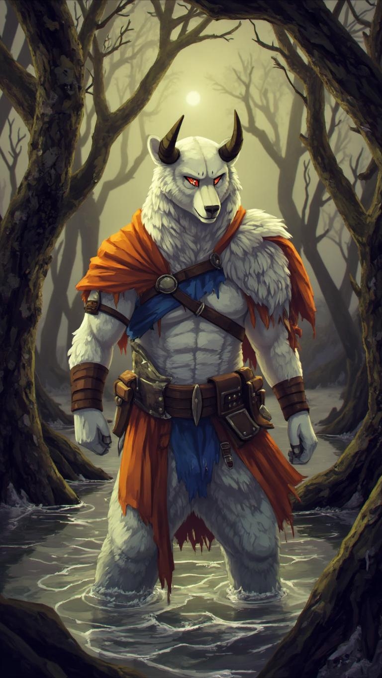 <lora:ck-LttleGhost-000011.safetensors:1> in the style of ck-lttlegh0stA fierce white bear warrior stands in a serene forested river, clad in orange, white, and blue armor adorned with horns. His gaze pierces through the mystical surroundings, amidst twisted trees, eerie shadows, and a crystal-clear river that reflects an otherworldly atmosphere, created by pixel art with a sepia tone.