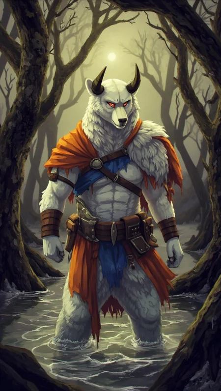 <lora:ck-LttleGhost-000011.safetensors:1> in the style of ck-lttlegh0stA fierce white bear warrior stands in a serene forested river, clad in orange, white, and blue armor adorned with horns. His gaze pierces through the mystical surroundings, amidst twisted trees, eerie shadows, and a crystal-clear river that reflects an otherworldly atmosphere, created by pixel art with a sepia tone.