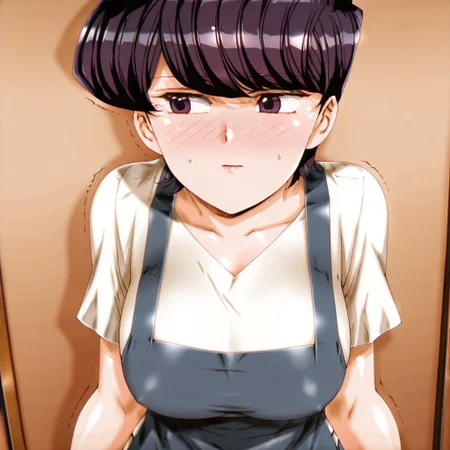 uru5h1h4r4:1.2, Rating: safe, an anime styled image (in the style of urushihara satoshi),1girl, shuuko Komi, Short hair, swept bangs, black hair, purple hair, purple eyes, black eyes, mature female blue apron, shirt, short sleeves, jeans, denim, from above, full-face blush, trembling, shiny, looking to the side, blushing, embarrassed, lips, eyelashes, eyebrows, tall, curvy, huge breasts, milf, masterpiece, best quality, good quality, newest,