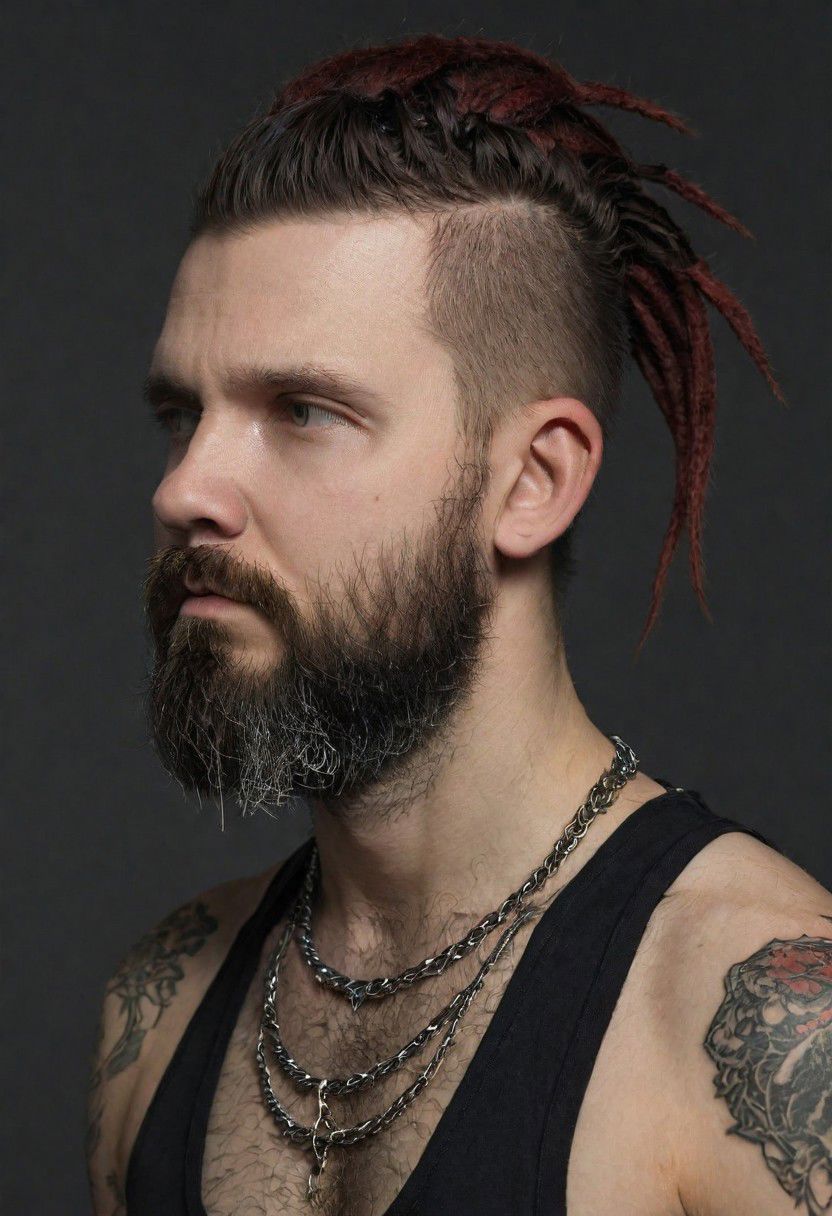 bearded man pavelabramov, multiples large necklaces, punk destroyed shirt, game character, deciduous, dirty clothes, thorns,serious face,cool, tattoos, subsurface scattering, black background, textured skin, red black hair, highly detailed hair, dreads, dreadlocks, mohawk haircut style, dark blackground, simple background