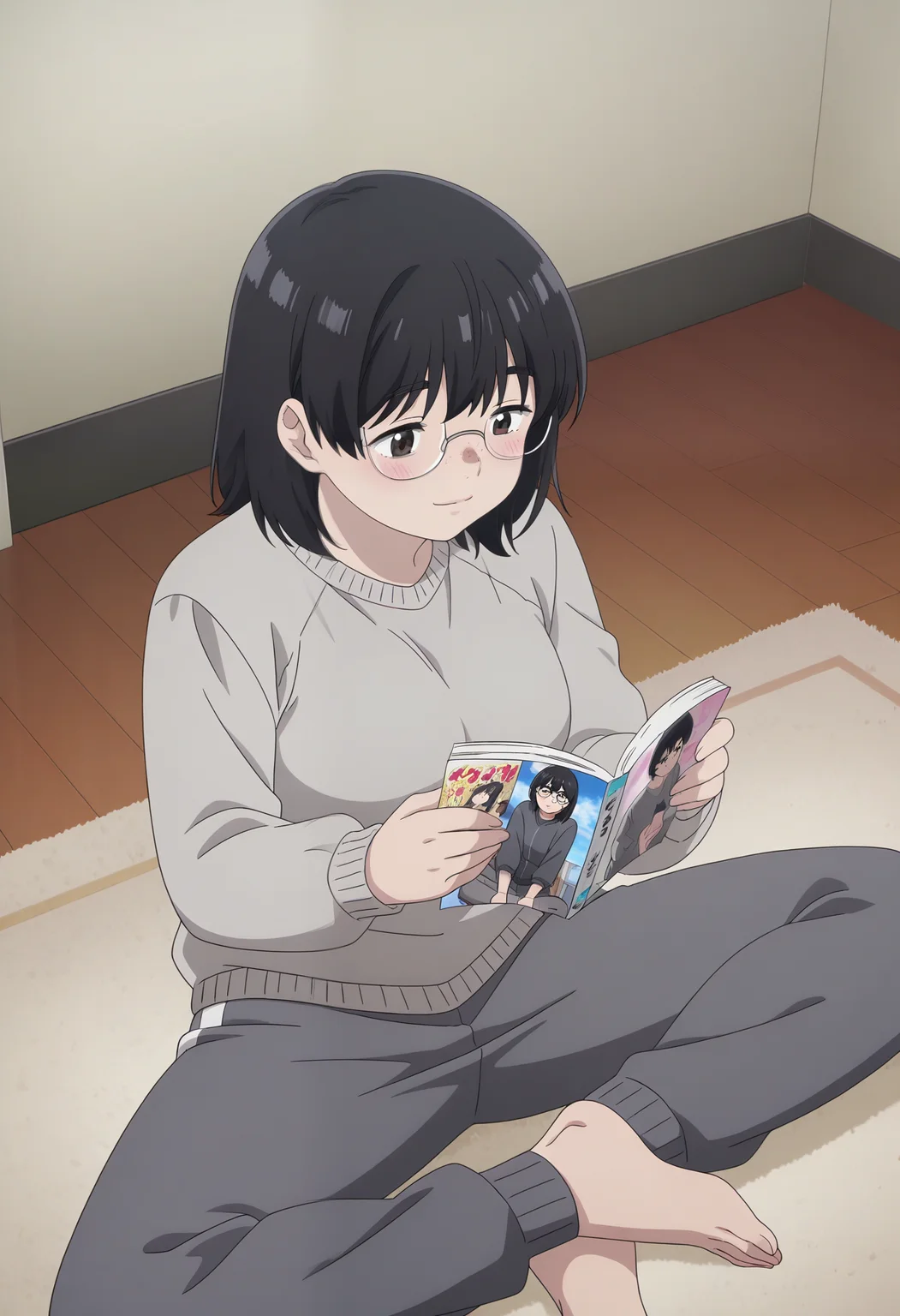 masterpiece, best quality,  absurdres, highres, 1girl,  <lora:anime_screencap:1>, anime screencap, anime coloring, <lora:hana_tabata:1>, hanawz, medium hair, black hair, black eyes, glasses, freckles, breasts, grey sweater, grey track  pants, sitting, butterfly sitting, indoors, room, carpet, reading, manga \(object\), light smile, light blush