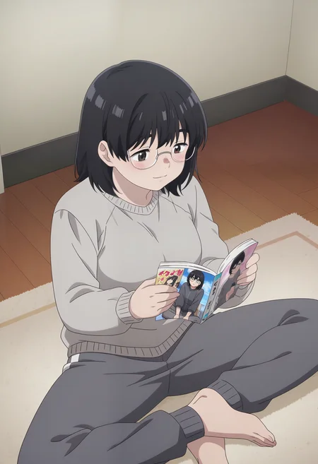 masterpiece, best quality,  absurdres, highres, 1girl,  <lora:anime_screencap:1>, anime screencap, anime coloring, <lora:hana_tabata:1>, hanawz, medium hair, black hair, black eyes, glasses, freckles, breasts, grey sweater, grey track  pants, sitting, butterfly sitting, indoors, room, carpet, reading, manga \(object\), light smile, light blush