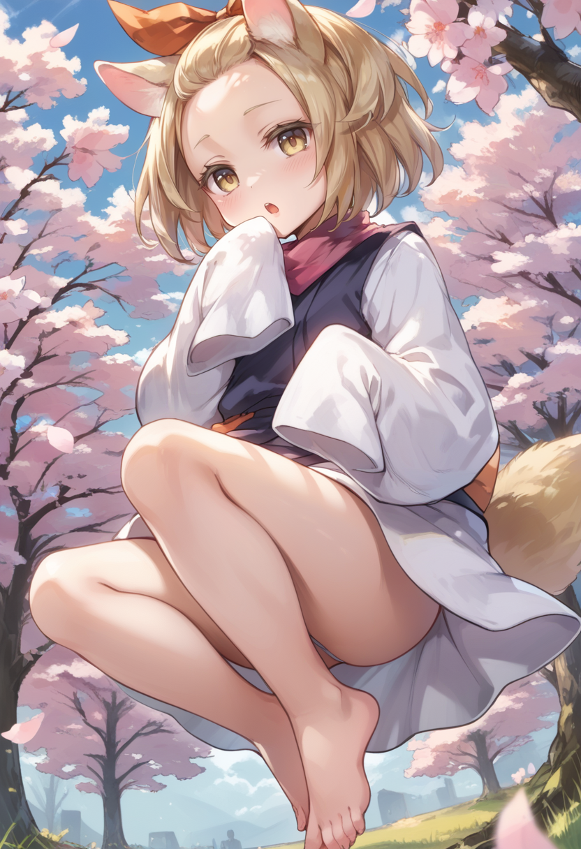 (score_9:0.9),score_8_up,score_7_up,rating_safe,anime style,(zPDXL),(zPDXL3),<lora:Ash Blossom & Joyous Spring ponyXL v1:0.71>,ash blossom & joyous spring, 1girl, solo, barefoot, open mouth, looking at viewer, sleeves past wrists, red hair ribbon, tree, blush, bare legs, full body, cherry blossoms, outdoors, white kimono, floating