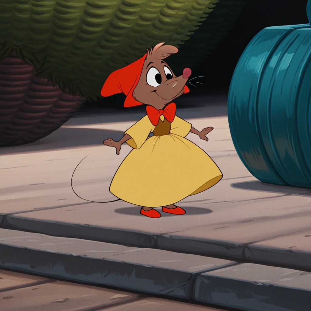 masterpiece, best quality, amazing quality, Cindermiceil, semi-anthro, female,  mouse_girl, brown fur,  black eyes, whiskers, yellow dress, red bowtie, red hat,, standing, outside, red shoes, <lora:8cd63573-bfab-4d45-8843-1764db4427c5:1.0>