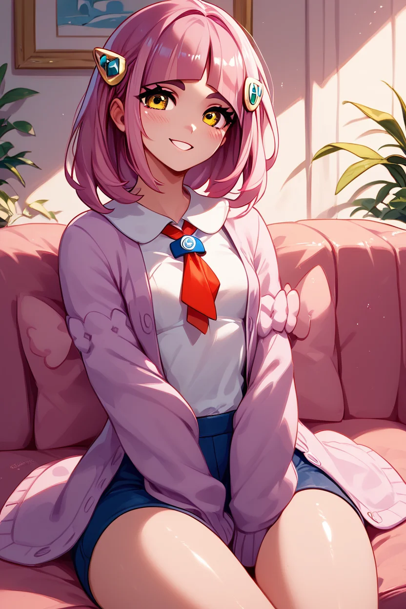 score_9, score_8_up, score_8, medium breasts, (curvy), cute, eyelashes, ,,, , ,,, zzLacey, yellow eyes, pink hair, medium hair, hair ornament, shirt, long sleeves, hairclip, white shirt, cardigan, open clothes, <lora:Lacey_Pokemon_PDXL:1.0>, ,,,, BREAK, ,,, smile, looking at viewer, blush, blurry, couch, sitting, ,,, shiny skin, <lora:ProAnime_PDXL_v1:0.7>, ,,, embedding:zPDXL, Expressiveh, <lora:SDXLFaeTastic2400:0.5>, <lora:Expressive_H-000001:0.4>,