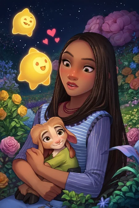 score_9, score_8_up, score_7_up, <lora:ashaPony:1> asha, star, small goat, cuddling, striped button-down shirt, heart arms BREAK
solo, garden, masterpiece by cynthia sheppard
