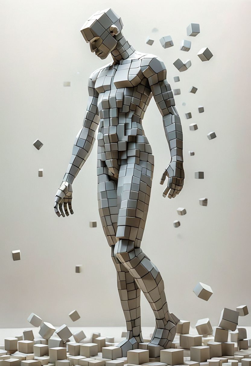 artcbd, Create an image of male figure composed entirely of cubes in various sizes. The figure should appear as if constructed from these geometric shapes, with distinct cubes forming the head, torso, arms, and legs. The cubes vary in size to represent different body parts proportionately, creating a visually interesting and abstract representation of a human body. The composition should be clear, with a focus on how the blocks assemble to mimic human anatomy. The background should be neutral to emphasize the figure