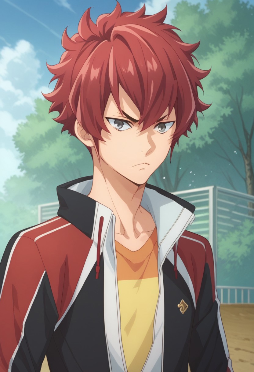 score_9, score_8_up, score_7_up, source_anime, highly detailed, 
kensei, 1boy, male focus, red hair, grey eyes, jacket, solo, track jacket, open jacket, open clothes, shirt, upper body, frown
outdoor, sky, cloud, tree