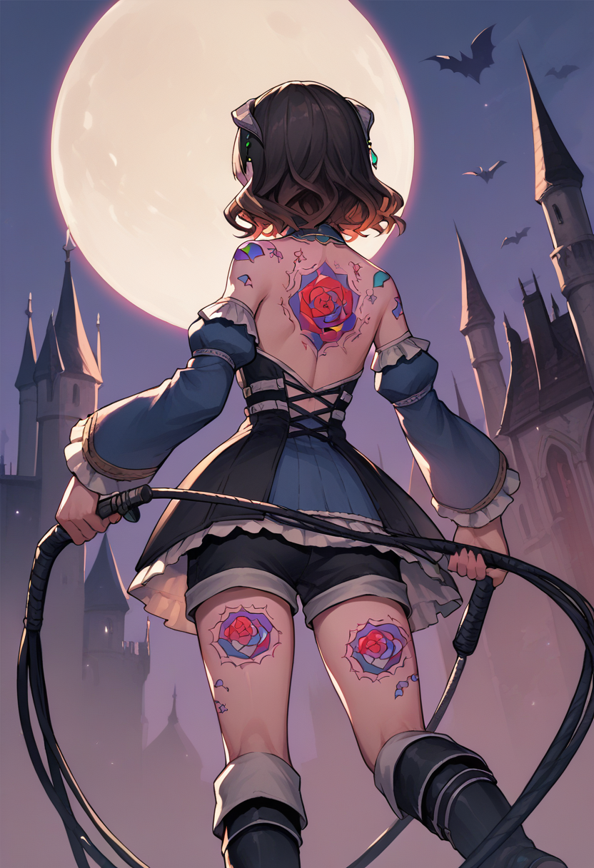 score_9, score_8_up, score_7_up, source_anime, 1girl, from behind, <lora:MiriamBS-pdxl:1> miriamBS, short hair, hair ornament, horns, back, tattoo, dress,  detached sleeves, shorts, boots, holding whip, full moon, vampire castle, bat \(animal\)