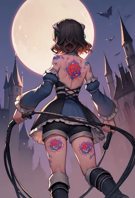 score_9, score_8_up, score_7_up, source_anime, 1girl, from behind, <lora:MiriamBS-pdxl:1> miriamBS, short hair, hair ornament, horns, back, tattoo, dress, detached sleeves, shorts, boots, holding whip, full moon, vampire castle, bat \(animal\)