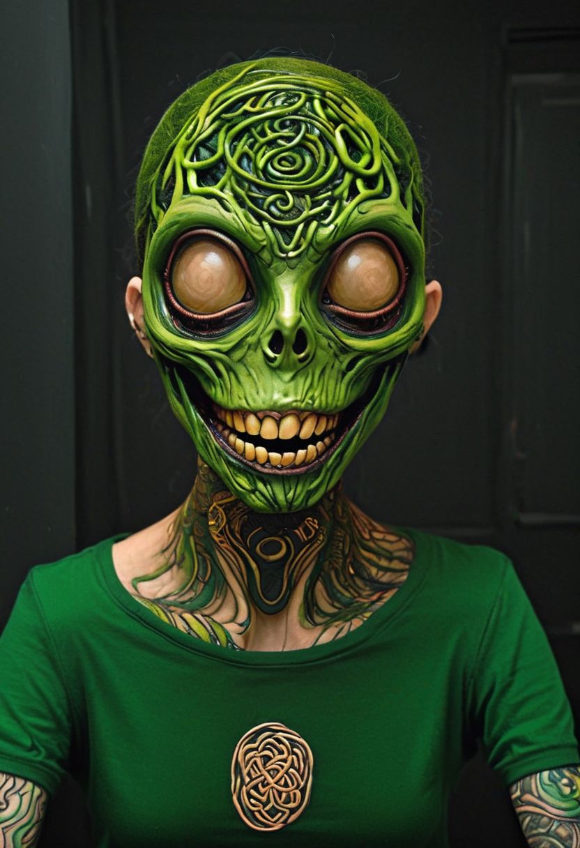 Ink illustration, realistic, detailed, a female st. Patrick's day cyberpunk dryad girl, dramatic pose, beautiful, feminine, smirking, tricky, teasing, high fashion, holding a large shamrock, ink stains, the streets of futuristic nyc, green and gold palette, Celtic tattoos