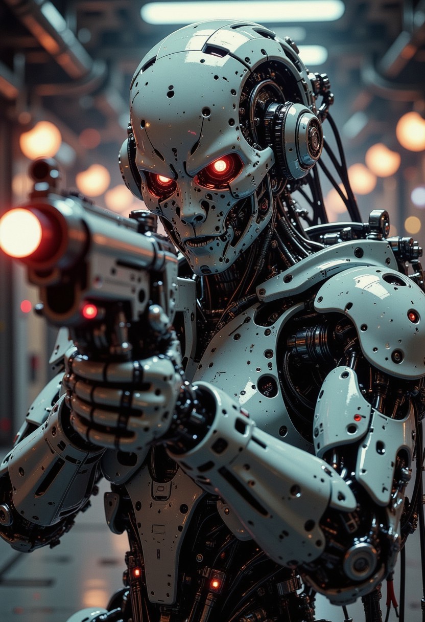 A digital artwork in the style of cknc,  in the style of ck-ncr, a_skynet_cyberdyne_craft, the image is featuring a high-end cyborg female battle terminator robot, grey alloy material, looking at viewer, mechanical eyes, with glowing red lights and diodes, aiming blaster assault rifle at viewer, dimly illuminated cyberpunk corridor, neo, bokeh