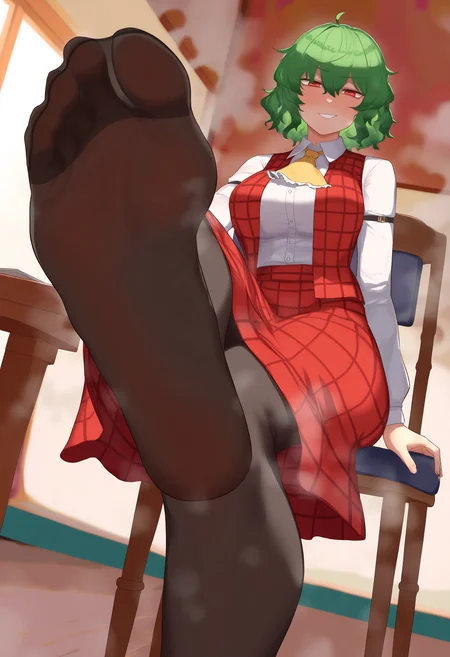 best quality, amazing quality, very aesthetic, absurdres,
1girl, ahoge, ascot, bangs, black pantyhose, breasts, chair, collared shirt, feet, foot focus, foreshortening, green hair, grin, hair between eyes, indoors, kazami yuuka, legs, long sleeves, looking at viewer, no shoes, open vest, pantyhose, plaid skirt, plaid vest, red eyes, red skirt, red vest, short hair, sitting, smell, smile, soles, solo, steam, steaming body, toes, wavy hair, white shirt, wing collar, yellow ascot, <lora:KikimifukuriNoobLocon_byKonan:1>