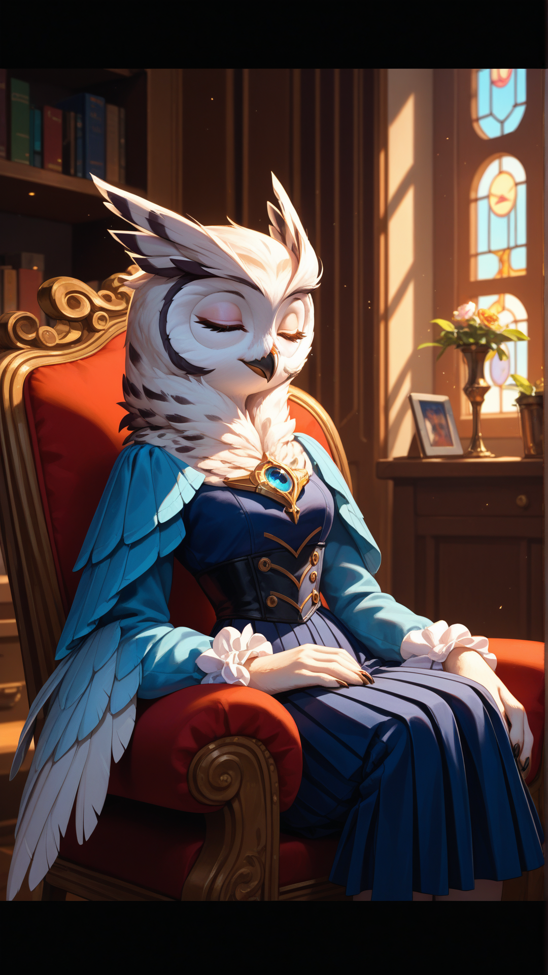 score_9, score_8_up, score_7_up, score_6_up, score_5_up, source_furry
closed eyes
1girl, solo, feathered body, wide owl eyes, soft feathers, winged arms
long-sleeve top with feathered cuffs, soft stretch fabric, layered design
pleated trousers with feathered cuffs, high waist, satin finish
worn leather chair in a dark corner of a spaceship's mess hall