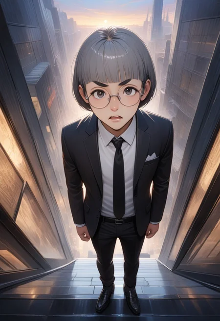 man with bristle, (graphic novel style, dark novel style:1.5),(anime), (masterpiece:1.4), (soft cinematic light:1.1), incredibly lifelike, Extremely high-resolution details, 8k, best quality,extremely detailed, contrast,
high tech design, fullbody, 
 gallery of contemporary art, inside, portrait old woman against the backdrop of a giant floor-to-ceiling window, through which one can see a city landscape with skyscrapers and a sunset , open mouth, 
man in a classic black suit 
white shirt and black tie keeps his hand on his jacket, black loafers, (((gray short bob hair))), [Nordic], round glasses, round black eyes, thin lips, sharp chin, diamond long face, gray sideburns, small ears, thick gray eyebrows, sunken cheeks, (bristle)),