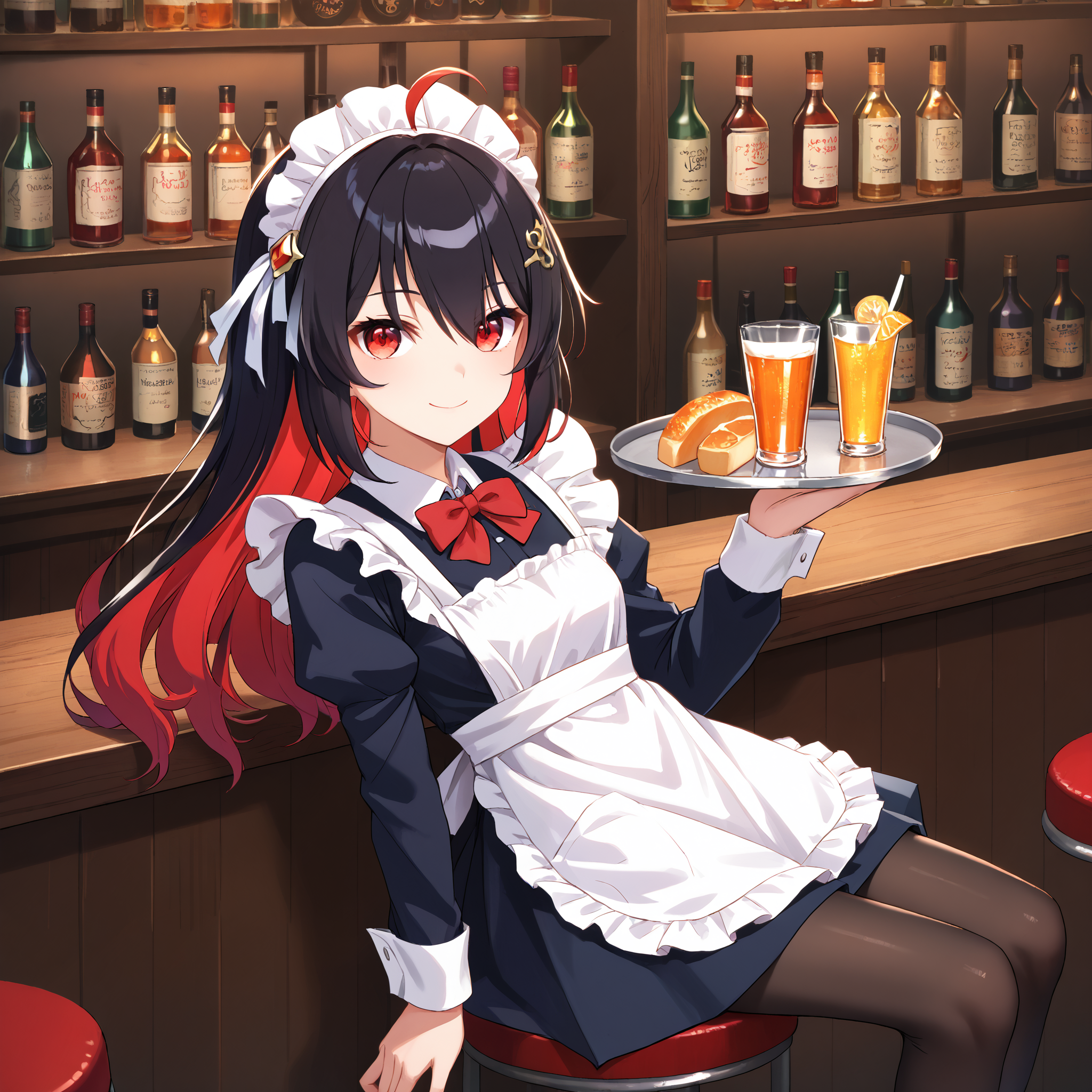 score_9, score_8_up, score_7_up, score_6_up, score_5_up, score_4_up, BREAK source_anime, look at viewer, rating_safe, 1girl, solo, indoors, bar, sitting, stool,  masterpiece, best quality, high detailed skin,  seele vollerei \(starchasm nyx\), long hair, multicolored hair, black hair, red hair, hair ornament, ahoge, red eyes, maid, maid headdress, maid apron, pantyhose, holding tray, smiling, bowtie,