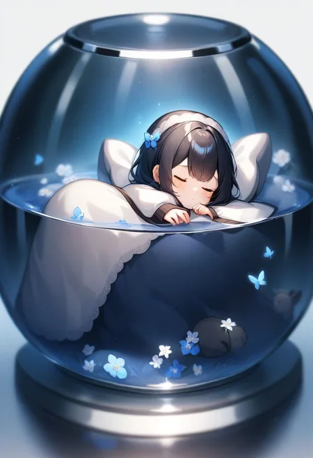 girl in glass , sit, beautiful background,very aesthetic,a SnowWhite1024, lying, sleeping,