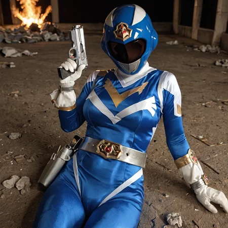 20yo, score_9, score_8_up, score_7_up, shiny oild skin,
1girl, solo, large breasts, sentaisaintforce, blue bodysuit, silver belt, white gloves, spandex, wing-shaped chest symbol, helmet removed, no headwear,
holstered, handgun, holster, torn cloth, orgasm,
city ruin, rubble, lying, night, explosion, smoke,
<lora:Saint_Force:0.8>