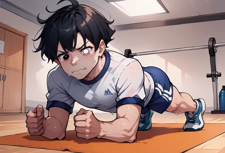 score_9, score_8_up, score_7_up, source_anime, 1boy, planking, exercise, clenched hands, <lora:Planking_XLPD:1>, gym uniform, sweat, <lora:oc_justtnp_ponyXL:1> justtnp, heterochromia, black eyes, white eyes, black hair, <lora:concept_aquacrying_ponyXL:0.8> aquacrying, wavy mouth, closed mouth, tearing up, male focus, from side, ass,