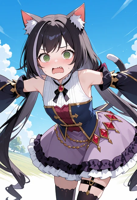 highres, best quality, masterpiece, outdoors, blue sky,
1girl, solo, pcrcal, black hair, streaked hair, cat ears, animal ear fluff, cat tail, green eyes,
caldef, low twintails, hair bow, necklace, blue bodice, gold trim, sleeveless, white shirt, red shirt, blue sleeves, black sleeves, detached sleeves, neck ribbon, wide sleeves, jewelry, belly chain, red gemstone, light purple skirt, purple skirt, frilled skirt, layered skirt, black frills, white frills, garter strap, thigh strap, black thighhighs,
blush, looking at viewer, @_@, wavy mouth, open mouth, fang, scared,
standing, spread arms, leaning forward,
<lora:_kyaru_pcr-elesico-ilxlC:1>