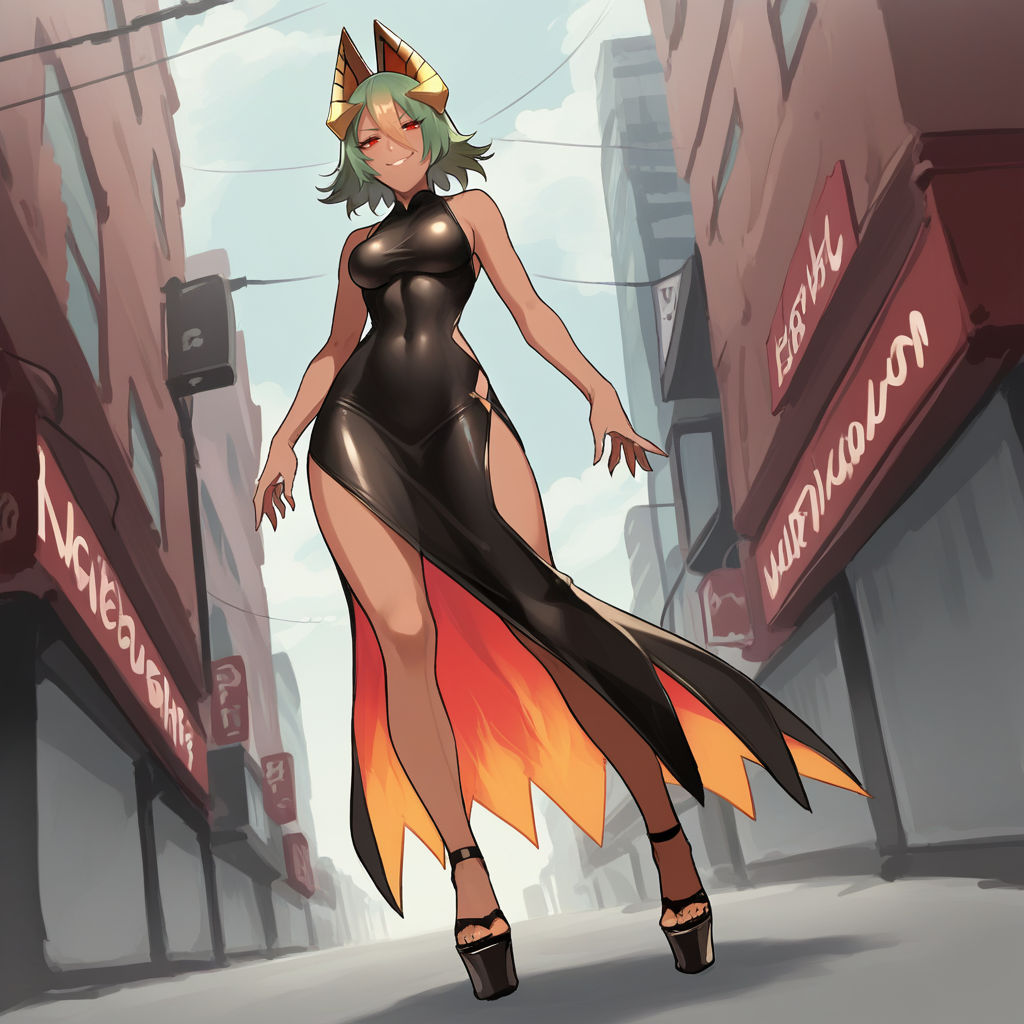 score_9, score_8_up, score_7_up, score_6_up, score_5_up, score_4_up, zPDXL2,source_anime,rating_questionable,1girl, solo, bodycon dress, platform heels, low angle, smirk, urban, <lora:laegjarn_fire_emblem:0.8>Laegjarn_FE, green hair,  gradient hair, hair between eyes, dark-skinned female, red eyes,
