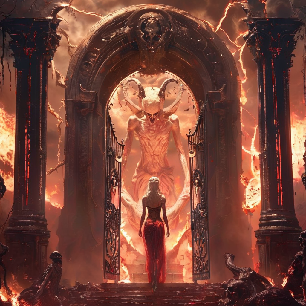 elysexa the goddess lilith in front of the gate of the kingdom of hades, cinematic, darkness, very detailed<lora:elysexa:1>