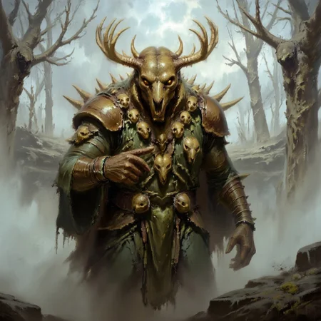 Dark-Fantasy-Cardd-V.2.0 style dark fantasy oil painting with detailed eyes that features a massive undead monster with features of multiple animals combined intro him. The creatures head is a massive skull the resambles a sabertooth tiger, and out his skull grow massive antlers and multiple horns, eyes of the creatue are glowing yellow. Thre creatures body is covered in multiple lesser animal skulls, some of them also have yellow eyes and they are staring in all directions. The creature is wearing a massive cloak of leaves and vines, that connects with white fog cloth that emits a massive creeping fog that covers majority of the ground. Most of mosnter body is covered with leaves, that form massive cloak, only his hands and and massive skull are visible outside of the cloack The creature has a long, massive bone finger and is pointing intro viewers direction.