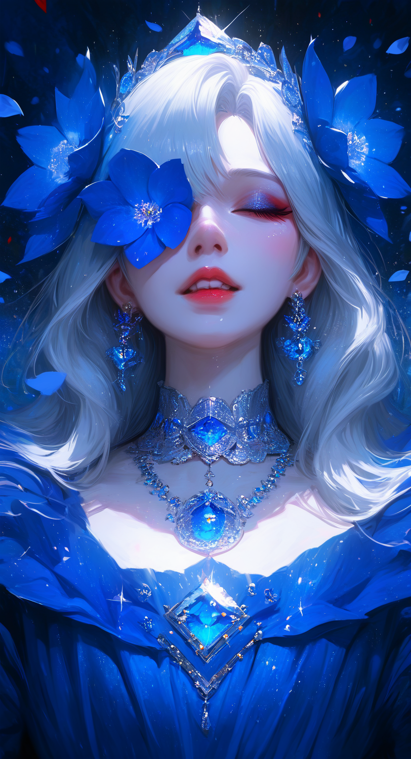 masterpiece, best quality, good quality, very aesthetic, absurdres, newest, 1girl, solo, long_hair, hair_ornament, dress, jewelry, upper_body, closed_eyes, white_hair, grey_hair, flower, earrings, parted_lips, teeth, hair_flower, necklace, collar, sparkle, petals, makeup, blue_dress, blue_background, portrait, gem, facing_viewer, blue_flower, one_eye_covered, blue_theme, red_lips, falling_petals, blue_gemstone, flower_over_eye <lora:ponyv5_noobV065S_1_adamW-000013:0.7> <lora:USNR_STYLE_XL_lokr:0.45> <lora:748cmSDXL:0.4>