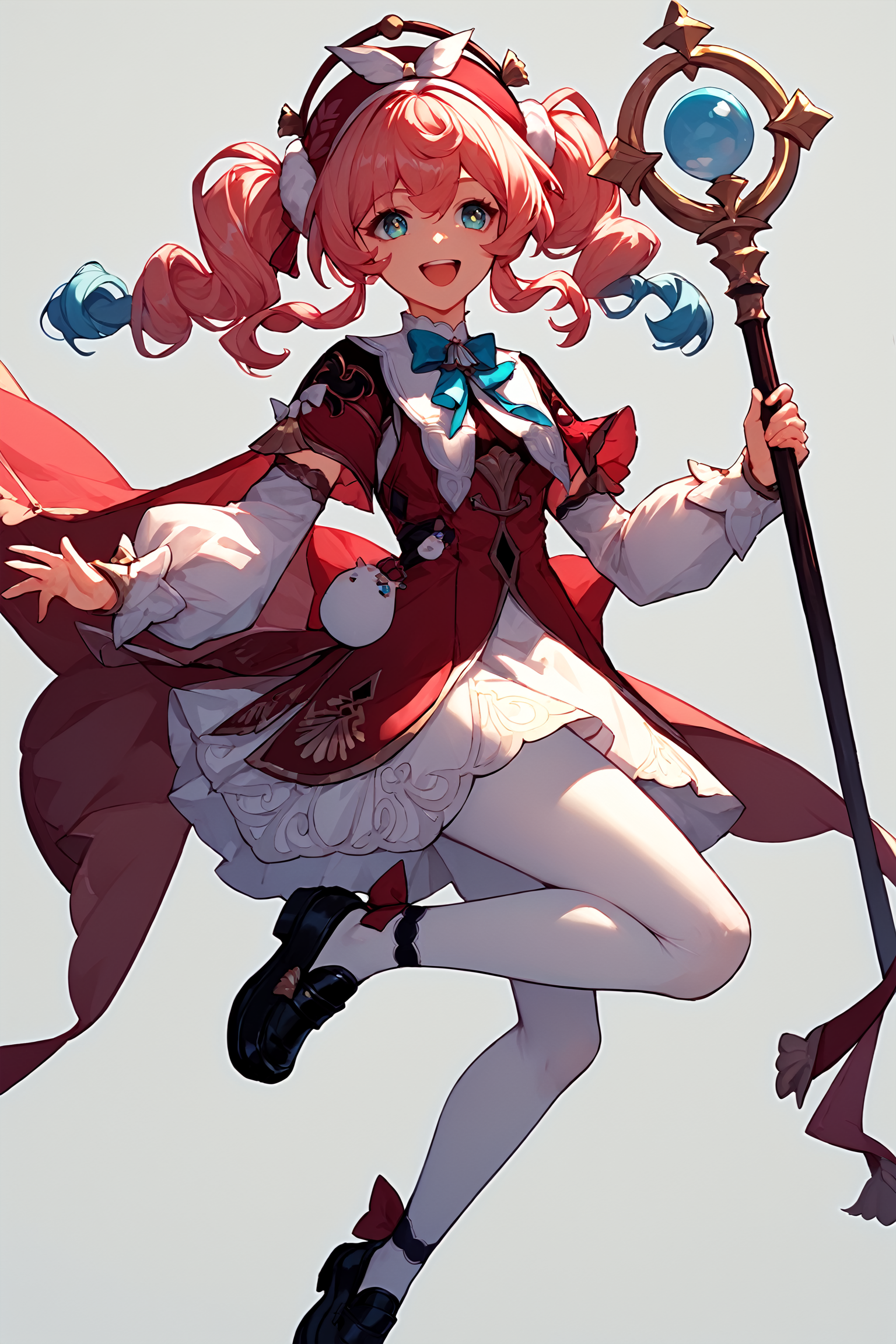 (score_9, score_8_up, score_7_up), 1girl, hyacine, red headwear, detached sleeves, white pantyhose, ankle ribbon, black loafers, smile, open mouth, standing on one leg, holding staff, simple background, <lora:hyacine-hsrPO-v1:0.9>