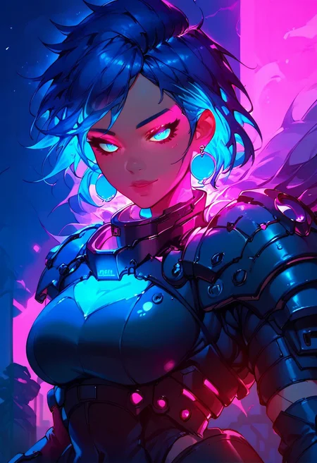 score_9, score_8_up, score_7_up, (((night time, pink lighting)), (dark parking lot), young woman, blues eyes, glowing eyes, detailed face, (seductive expression, looking at viewer), Expressiveh, (blue star earrings), fair skin, large breasts, (multi colored hair, streaked hair, dark blue hair, dark purple hair), (blue colored inner hair), short hair, messy hair, (purple and blue armor, black boots), (street light, car, railing), (depth of field)