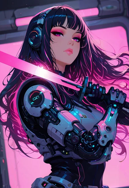 masterpiece, best quality, good quality, very aesthetic, absurdres, newest, depth of field, focused subject, in the style of cknc,
dynamic angle, stance, 1girl, solo, long hair, flowing hair, neon hair, bioluminecent glow, parted pink lips, eyeshadow, upper body, sci-fi, looking at viewer, holding futuristic scimitar, unsheating, wind effect,