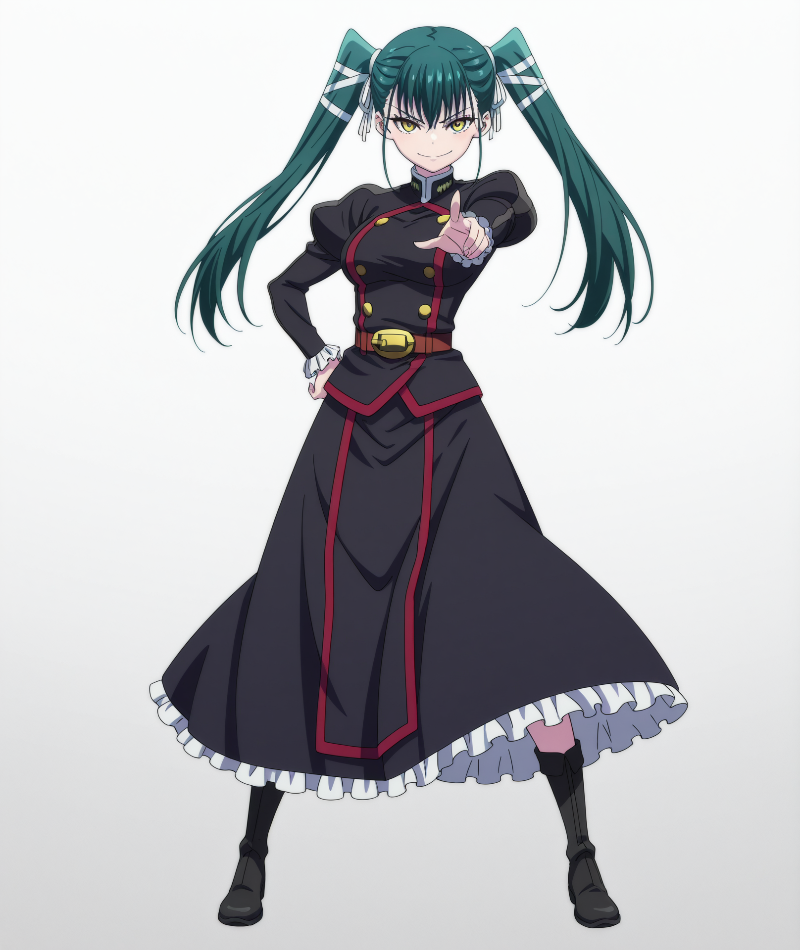 official art, absurdres, highres, anime coloring, hi res, best quality, masterpiece, 2d, intricate details, 4k,
1girl, solo, long hair, bangs, black hair, bow, twintails, yellow eyes, hair bow, green hair,
breasts, medium breasts, shirt, long sleeves, jacket, belt, black jacket, uniform, military, military uniform, juliet sleeves, frilled sleeves,
skirt, long dress, long skirt, black skirt, frilled skirt, boots,
looking at viewer,
depth of field, white background, gradient background, <lora:Yachiho_Azuma_ILXL:1>, mato seihei no slave, azuma yachiho,